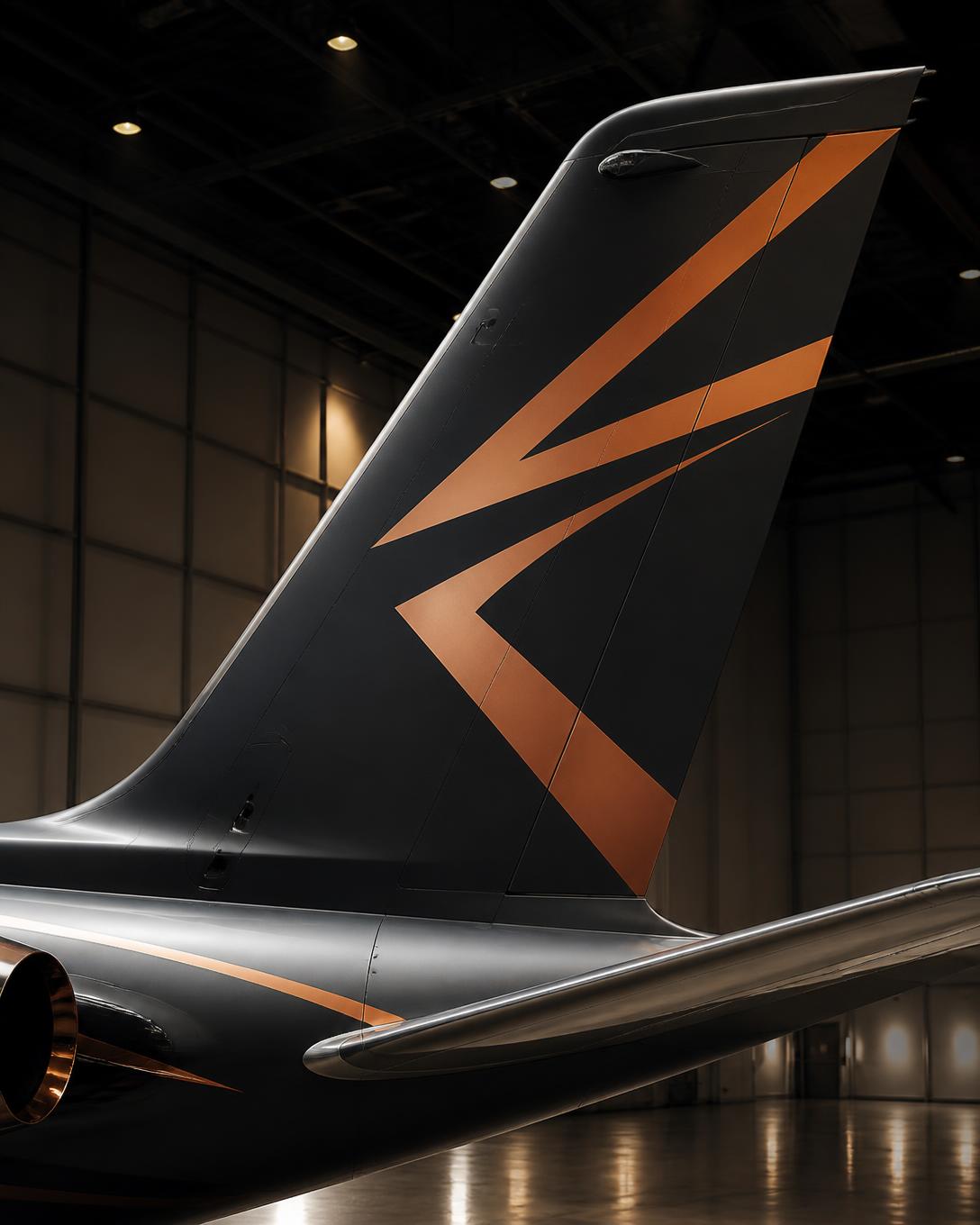 Charcoal jet tail fin with a copper accent graphic in a hangar